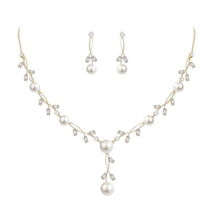EVER FAITH Cubic Zirconia Pearl Leaf Vine Wedding Jewelry Set for Bride | Crystal Filigree Bridal Necklace Earrings, for Women Bridesmaid - color: 2pcs_Clear Gold-Plated-Brass