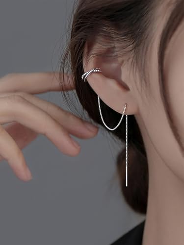 Long Chain Cuff Earrings Gold Silver Wrap Tassel Earrings Minimalist Cz Round Stud With Chain Cuff Double Piercing Jewelry Statement Fake Earrings for Women - color: style1-silver-2pcs