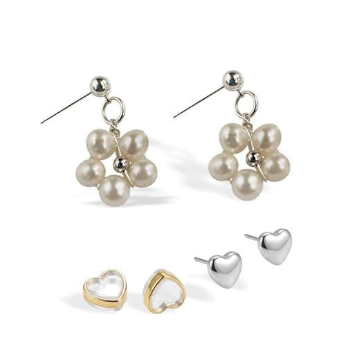 Hypoallergenic Pearl Earrings Set for Women | S925 Sterling Silver & Stainless Steel, Daisy Heart & Hook & Teardrop Dangle & Huggie Hoop, Simulated Pearl, Sensitive Ears - color: White Gold Heart Flower