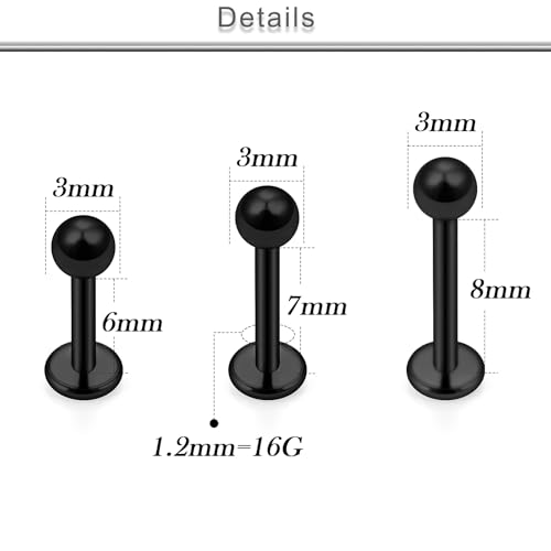 18G 16G 14G Lip Labret Medusa Nose Rings Studs Flat Back Earrings Internally Threaded 316L Surgical Steel Snake Bites Lip Rings Cartilage Tragus Helix Conch Earring Stud 6mm 7mm 8mm - color: Black-16G（1.2mm)-6mm 8mm 10mm Bars-3mm CZ