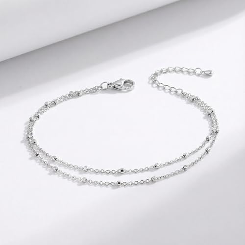 Dainty Anklets for Women, 14K Gold Plated & Sterling Silver Plated Ankle Bracelets, Adjustable, Waterproof & Hypoallergenic Summer Beach Foot Jewelry in Assorted Styles - style: silver chain