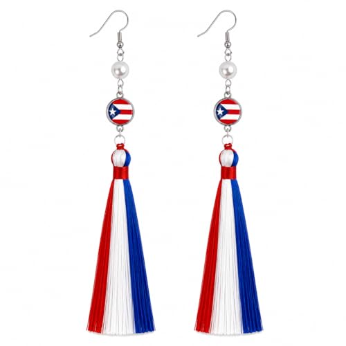 Handmade 925 Silver Plated Long Tassel Earring,Premium Flag Heritage Jewelry, Pride Patriotic Festival Gift For Women Party - color: Puerto Rico Flag Style