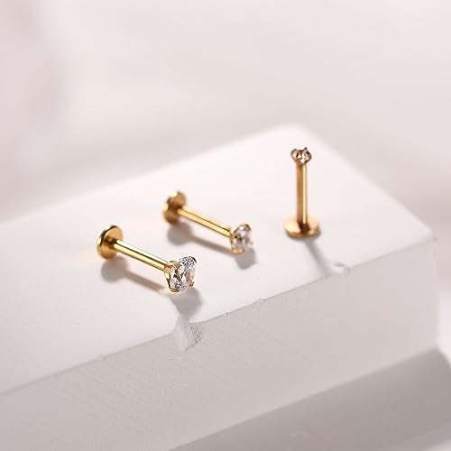 GAGABODY G23 Titanium 16G 6/8/10mm Clear CZ/Opal Internally Threaded Labret Monroe Lip Studs 6mm Helix Cartilage Tragus Earring Piercing - color: 16G-3Pcs-Gold-Length:6mm CZ:2/3/4mm