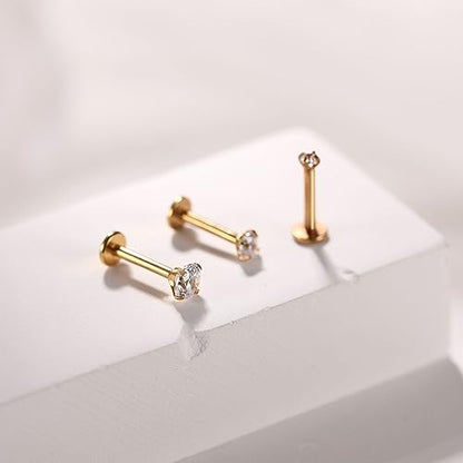 GAGABODY G23 Titanium 16G 6/8/10mm Clear CZ/Opal Internally Threaded Labret Monroe Lip Studs 6mm Helix Cartilage Tragus Earring Piercing - color: 16G-3Pcs-Gold-Length:6mm CZ:2/3/4mm
