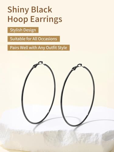 FindChic Thin Hoop Earrings for Women,Silver/Black/Gold Plated 20-100mm - color: Black, size: 70mm