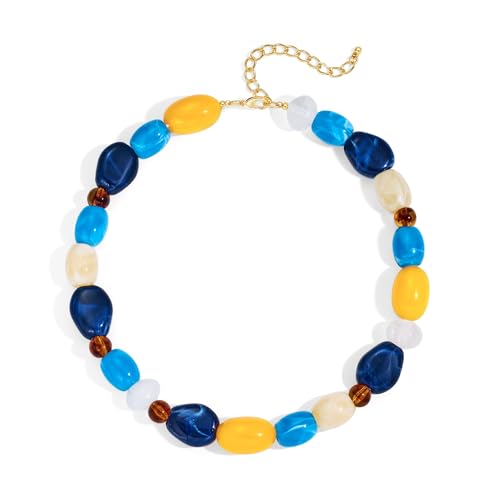YUJIE Chunky Heart Pendant Necklace for Women- Exaggerated Statement Puff Heart Necklace with Acrylic Beaded Chain - color: A-Multicolour Blue
