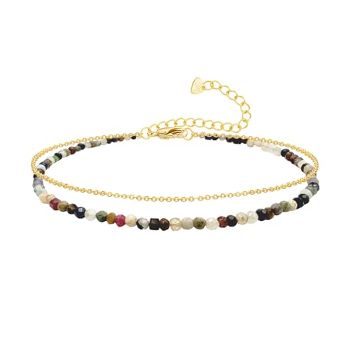 Ankle Bracelet for Women, Dainty 18k Gold Natural Stone Beaded Anklet Adjustable Double Ankle Chain Waterproof Summer Boho Foot Jewelry Birthday Anniversary Graduation Gifts - color: Z-Tourmaline