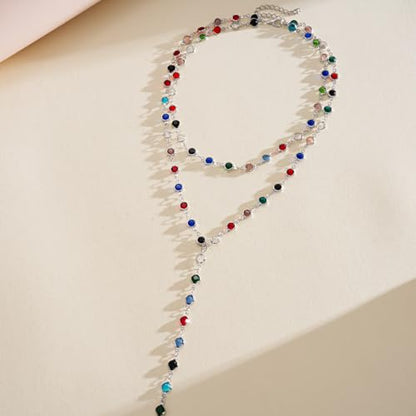 Colorful Rhinestone Long Necklaces for Women,Boho Small Crystal Drop Necklace,Boho Rhinestone Layered Necklaces - color: Silver