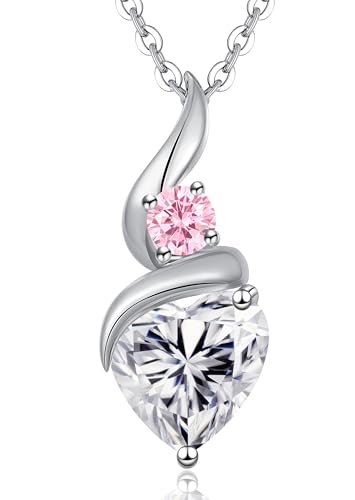 ANDSO Heart Moissanite Necklaces Birthday Jewelry Gifts for Women | S925 Silver /Gold Plating Birthstone Necklace, Ideal Anniversary Christmas Valentine Present for Mom Wife Her Girlfriend - style: Silver-2 Carat-Opal Pink