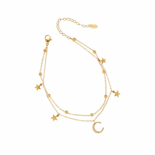 Layered Star and Moon Anklet for Women Waterproof Titanium Steel | Adjustable Gold/Silver Ankle Bracelet for Everyday Wear, Shower Safe Celestial Jewelry Gift, Dainty Summer Beach Foot Jewelry - color: Gold