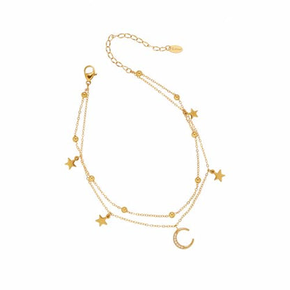 Layered Star and Moon Anklet for Women Waterproof Titanium Steel | Adjustable Gold/Silver Ankle Bracelet for Everyday Wear, Shower Safe Celestial Jewelry Gift, Dainty Summer Beach Foot Jewelry - color: Gold