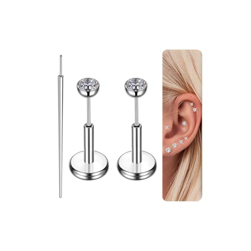 Gotumo 16G 18G 20G Flat Back Earrings Stud Titanium Threadless Nose Rings Tragus Labret Cartilage Lip Medusa Conch Body Piercing Jewelry Hypoallergenic for Women Men - color: Silver, size: 18G Bar Lengths 5mm & CZ 2mm