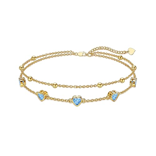 Midari 18K Yellow Gold Gemstone Birthstone Anklet Bracelet Heart Jewelry with 12 Months Birthstone Birthday Gifts for Women Wife Her Daughter Mom - color: 03-Mar-Aquamarine, size: Anklet 9"-11"