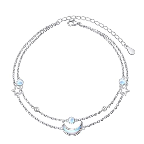 Anklets for Women 925 Sterling Silver Blue Evil Eye Infinity Butterfly Adjustable Multilayer Layered Summer Beach Ankle Bracelet Foot Chain Jewelry for Women - style: Moon & Star