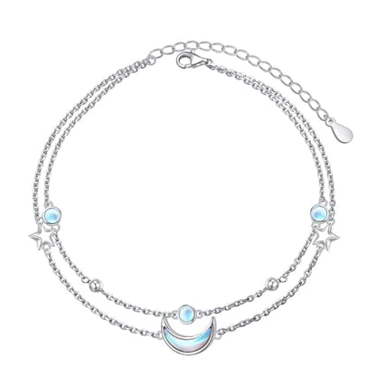 Anklets for Women 925 Sterling Silver Blue Evil Eye Infinity Butterfly Adjustable Multilayer Layered Summer Beach Ankle Bracelet Foot Chain Jewelry for Women - style: Moon & Star