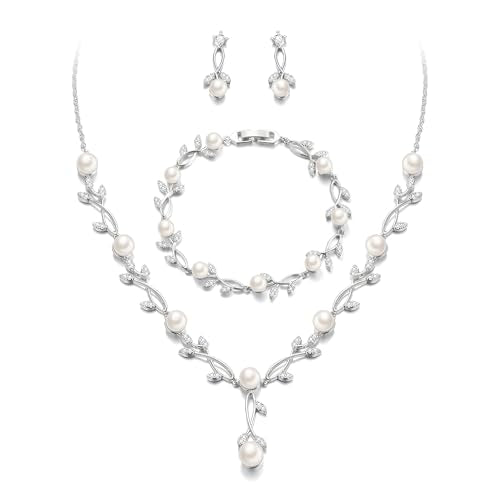 EVER FAITH Cubic Zirconia Pearl Leaf Bridal Jewelry Set for Bride Women | White Wedding Prom Necklace Dangle Earrings Bracelet, for Bridesmaid - color: Pearl_Silver-Plated-Brass