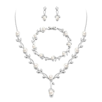 EVER FAITH Cubic Zirconia Pearl Leaf Bridal Jewelry Set for Bride Women | White Wedding Prom Necklace Dangle Earrings Bracelet, for Bridesmaid - color: Pearl_Silver-Plated-Brass