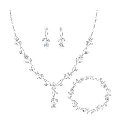 Crysdue Wedding Jewelry Set for Brides Bridesmaid, Cubic Zirconia Teardrop Marquise Leaf Cluster Pendant Necklace Bridal Tennis Bracelet Drop Earrings for Women Party Prom - style: A- CZ set- silver