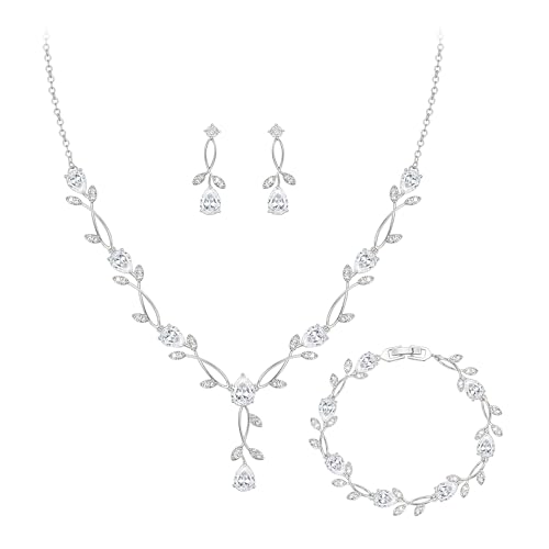 Crysdue Wedding Jewelry Set for Brides Bridesmaid, Cubic Zirconia Teardrop Marquise Leaf Cluster Pendant Necklace Bridal Tennis Bracelet Drop Earrings for Women Party Prom - style: A- CZ set- silver