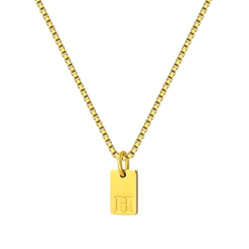 Gold Plated Square Initial Necklace Waterproof A-Z Letter Pendant on Thin Chain - Dainty, Stackable Jewelry for Women - color: Golden-H, size: F