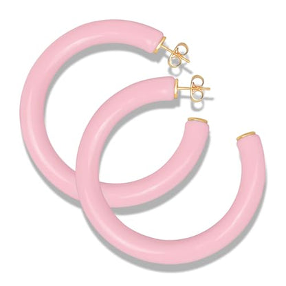 Gold Plated Multicolor Resin Chunky Thick Open Hoop Earrings in 57MM and 37.5MM Diameters - color: Pink - Pastel - Glossy Finish, size: 57MM (2.24") Diameter