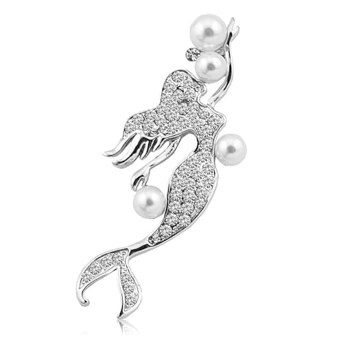 Elegant Mermaid Fish Lapel Brooch Pin Cubic Zirconia Rhinestone Faux Pearl Ocean Sea Animal Pins Clip Shawl Sweater Scarves Badges Brooches Pins Dainty Jewelry Gifts for Women Girls Clothes Accessories - color: Silver