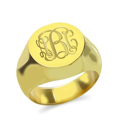 15mm Initial Ring 925 Silver/10K/14K/18K Gold Monogram Ring for Men Personalized Engraved Circle Monogram Signet Mens Ring Birthday Gifts - color: Yellow Gold