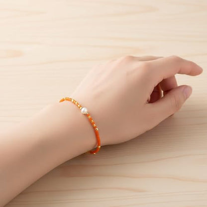 Boho Colorful Glass Gold Plated Seed Beaded Bracelets or Women, Handmade Romantic Freshwater Pearl Adjustable String Braided Rope Jewelry, Summer Beach Daily Party Friendship Gift - color: Orange