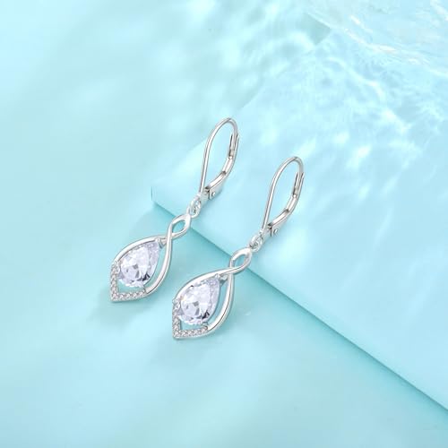 Infinity Teardrop Earrings 925 Sterling Silver Dangle Drop Leverback Earrings Birthstone Jewelry for Women - color: Clear White