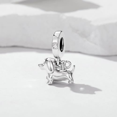 BISAER 925 Sterling Silver Charms for Bracelets Cat Dog Sloth Animal Beads Butterfly Fairy Heart Dangle Pendant Charms - color: Dachshund