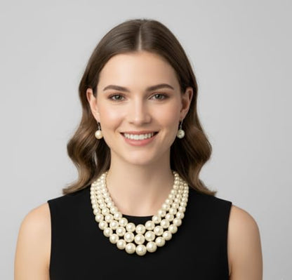 Fashion 21 Women's Faux Pearl Three Multi-Strand Statement Necklace and Earrings Set - color: Cream