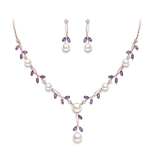 EVER FAITH Cubic Zirconia Pearl Leaf Vine Wedding Jewelry Set for Bride | Crystal Filigree Bridal Necklace Earrings, for Women Bridesmaid - color: 2pcs_Purple Rose Gold-Plated-Brass