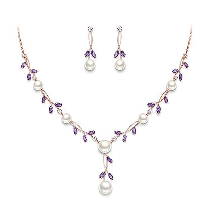 EVER FAITH Cubic Zirconia Pearl Leaf Vine Wedding Jewelry Set for Bride | Crystal Filigree Bridal Necklace Earrings, for Women Bridesmaid - color: 2pcs_Purple Rose Gold-Plated-Brass