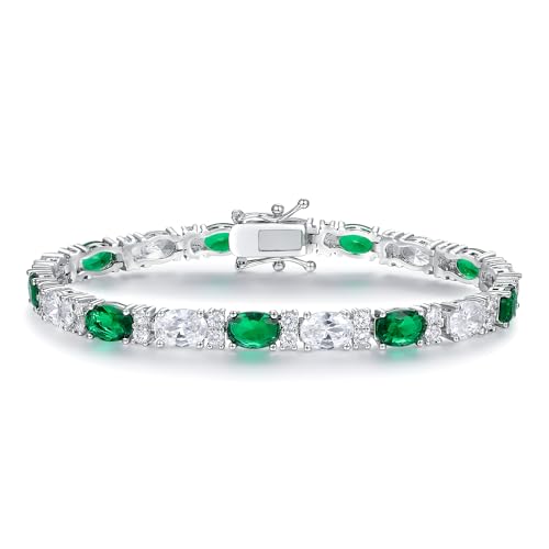 MDFUN 18K White/Yellow Gold Plated Green/Blue 5 * 7MM Oval 5A+ Cubic Zirconia Tennis Bracelet for Women Birthstone Jewelry Gift 6.5-8.5 inch - color: 18K White Gold -Green