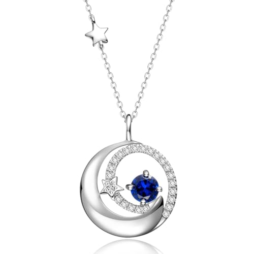 FANCIME Birthstone Necklaces 925 Sterling Silver Moon and Star Pendant Fine Jewelry Birthday Mothers Day Gifts for Mom Wife Her Daughter, Adjustable Chain 16+2" - color: Sep.- Sapphire