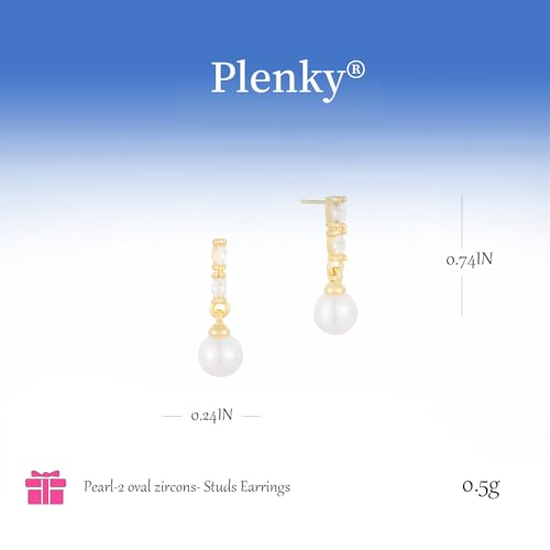 Plenky Pearl Earrings-14K Gold Plated Dainty Pearl Drop Simple Wedding CZ Dangle Dangling Cute Stud Earrings for Brides Earrings for Women Gifts - style: Oval Zirconia Pearl Earrings