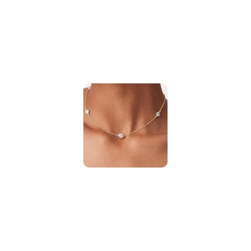 Tewiky Dainty 14k Gold Plated/Silver Cubic Zirconia Necklaces for Women | Simple CZ Jewelry Necklaces Trendy Gifts - color: Gold five choker CZ