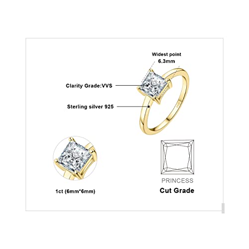JewelryPalace Square Shape 1ct Cubic Zirconia Solitaire Engagement Rings for Women, 925 Sterling Silver Promise Ring for Her, Simulated Diamond Anniversary Wedding Ring Jewelry Sets - color: 2-Yellow Gold Plated