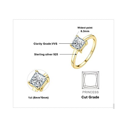 JewelryPalace Square Shape 1ct Cubic Zirconia Solitaire Engagement Rings for Women, 925 Sterling Silver Promise Ring for Her, Simulated Diamond Anniversary Wedding Ring Jewelry Sets - color: 2-Yellow Gold Plated
