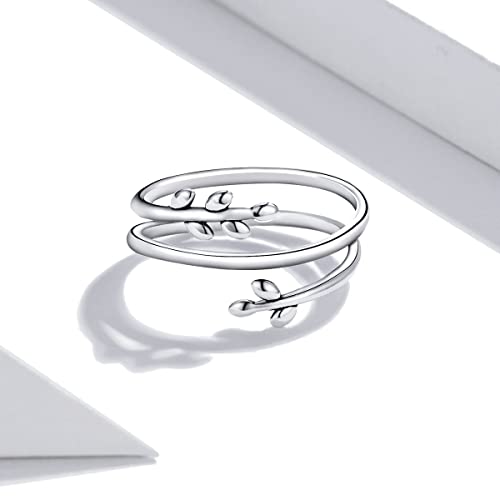 MUNDELL 925 Sterling Silver Simple Multi-layer Leaf Adjustable Ring Green Lucky Leaves Statement Ring for Women Promise Ring Fine Jewelry - color: Multi-layer Leaf