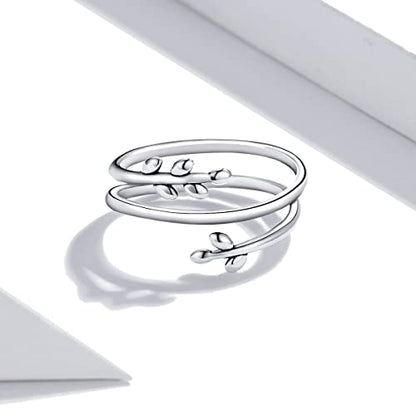 MUNDELL 925 Sterling Silver Simple Multi-layer Leaf Adjustable Ring Green Lucky Leaves Statement Ring for Women Promise Ring Fine Jewelry - color: Multi-layer Leaf