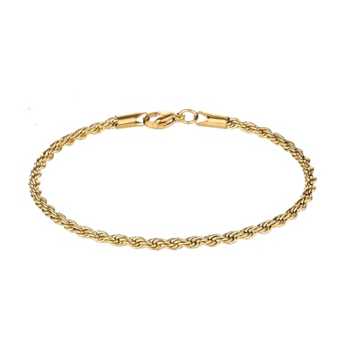 kelistom 18K Gold Silver Tone Rope Link Chain Bracelet for Women Men, 3mm 4mm Braided Rope Chain Bracelets, 7” 7.5” 8.3”, - size: 7.5", style: 3mm-gold