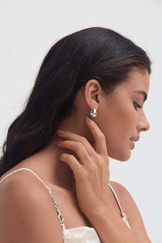 Small Chunky Hoop Earrings for Women 14k Real Gold Plated 925 Sterling Silver Post Oval Hoop Earrings Hypoallergenic Thick Huggie Hoops Earrings Jewelry Gifts for Women - color: silver