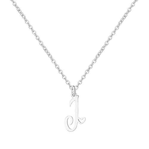 Gold Heart Initial Necklaces for Women, Minimalist Initial Heart Necklaces for Her, Dainty Alphabet Letter Pendant Necklaces Gift Jewelry - color: Silver, style: J