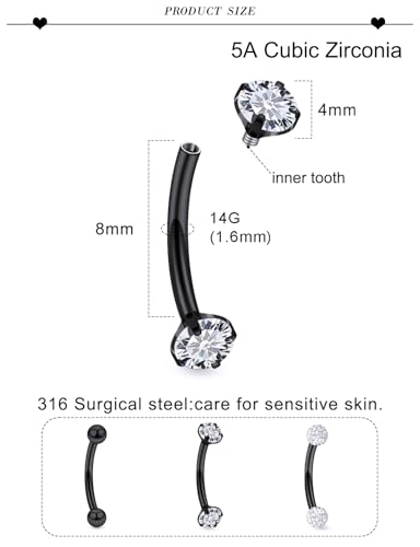 18G 16G 14G Eyebrow Ring Piercing Jewelry Surgical Steel Internal Thread Vertical Labret Lip Ring Rook Daith Earrings Belly Button Ring Piercing Jewelry for Women Men CZ Silver Black Gold - color: Black, size: 14G, 8mm Length