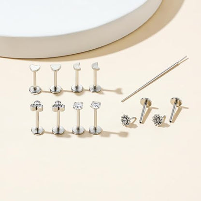 Uni-J 10pcs 20G/18G/16G Threadless Push-in Tragus Conch Cartilage Flat Back Helix Labret Monroe Lip Ring Daith Piercing Jewelry - color: Silver 8mm
