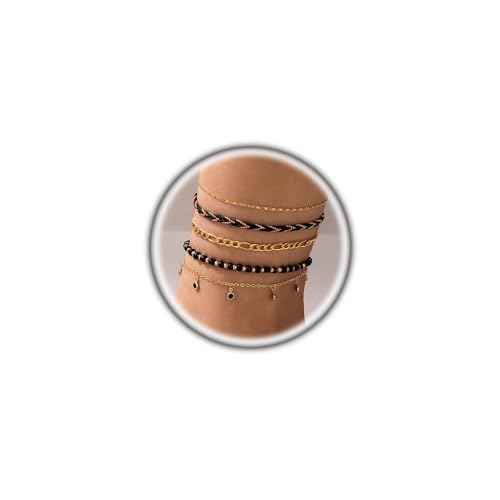 5Pcs Bohemain Layered Beaded Ankle Bracelets for Women,Dainty Stackable Seed Beads Ankle Bracelets Elastic Foot and Hand Chain Jewelry