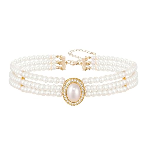 BABEYOND Round Imitation Pearl Choker Necklace Multi Strands Choker 20s Flapper Necklace Accessories for Gatsby Themed Party - style: 3-layer-4