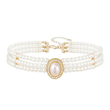BABEYOND Round Imitation Pearl Choker Necklace Multi Strands Choker 20s Flapper Necklace Accessories for Gatsby Themed Party - style: 3-layer-4