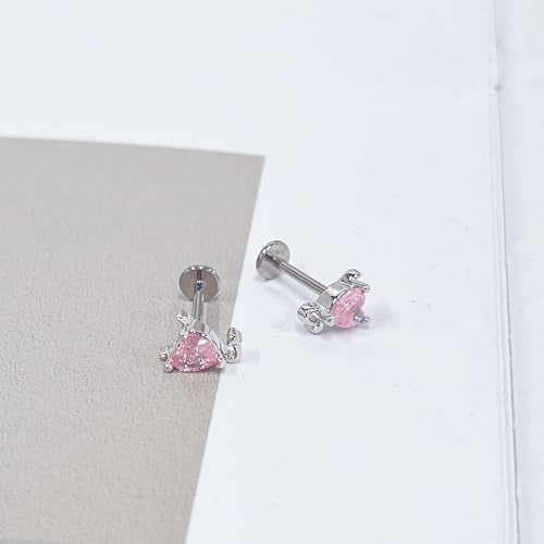18G Little Devil Heart Lip Ring Stainless Steel Cubic Zirconia Labret Jewelry for Monroe Medusa Tragus Nose Conch Helix Hypoallergenic Cartilage Earring Stud Bar Body Jewelry for Women - color: Pink